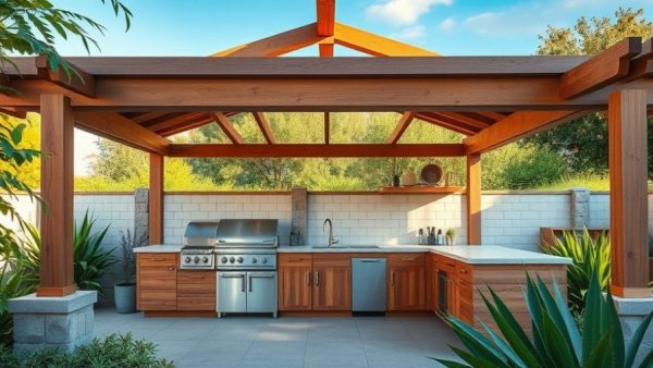 Modern covered outdoor kitchen with stainless fixtures and lush greenery.