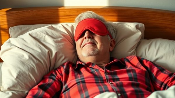 Man sleeping with two pillows, wearing red sleep mask.