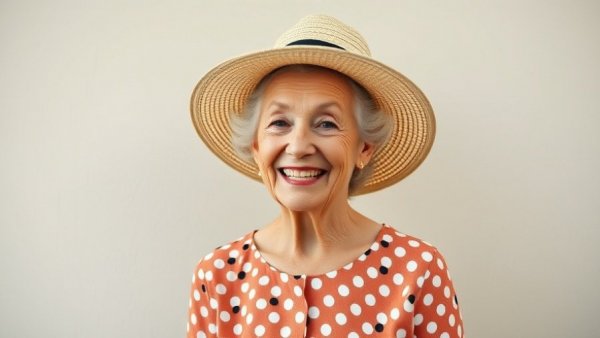 Elderly woman smiling in a polka dot dress and sun hat.