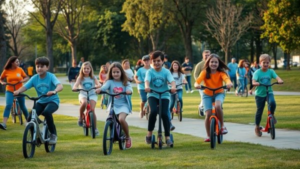 Community event promoting rural health programs with kids biking and scootering.