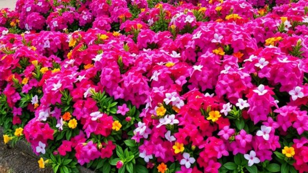Colorful phlox flowers in a sloped garden, blooming abundantly.