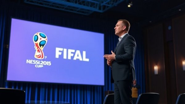 Presenter at Long Beach World Cup Fan Zone with FIFA logo on screen