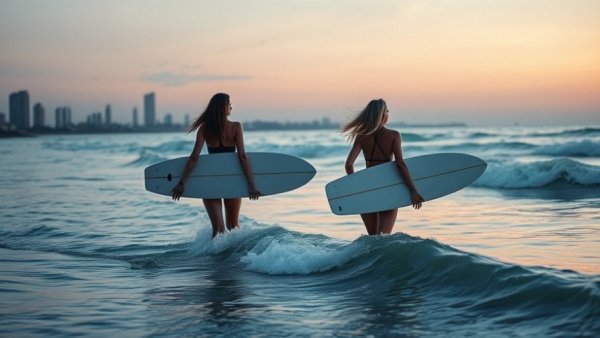 Surfers wading at sunset with city skyline in background.