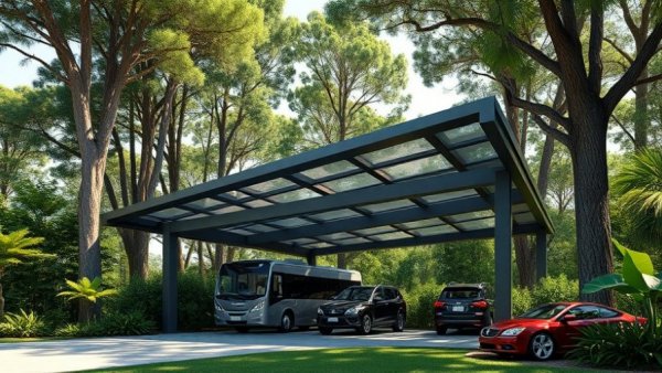 Modern enclosed carport design in lush green setting.
