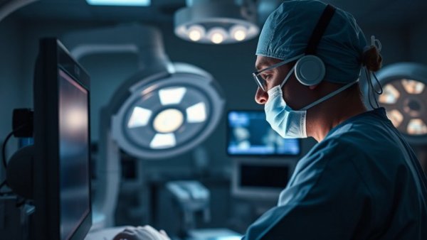 Surgeon using telesurgery console for radical prostatectomy and partial nephrectomy.