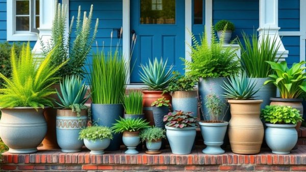 Various tall planters adding curb appeal with lush greenery.