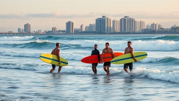 Surfers begin Surf HIIT Training at sunrise with city in background.