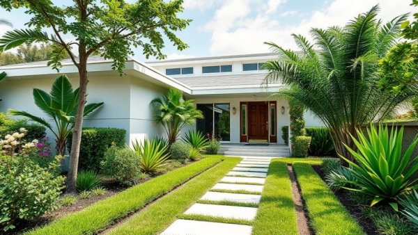 Modern home landscaping design with lush garden and pathway.