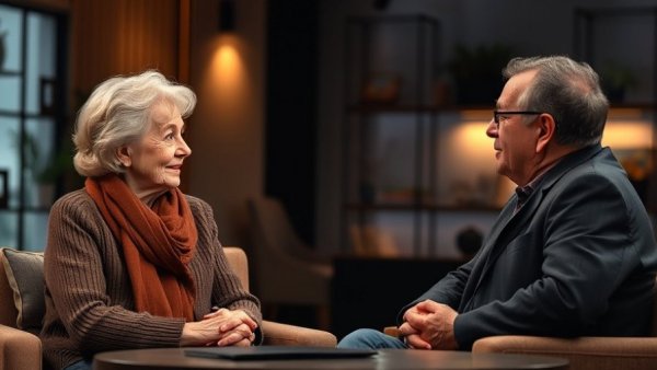 Elderly woman and man talking on a TV show, Huntington Beach World War II.