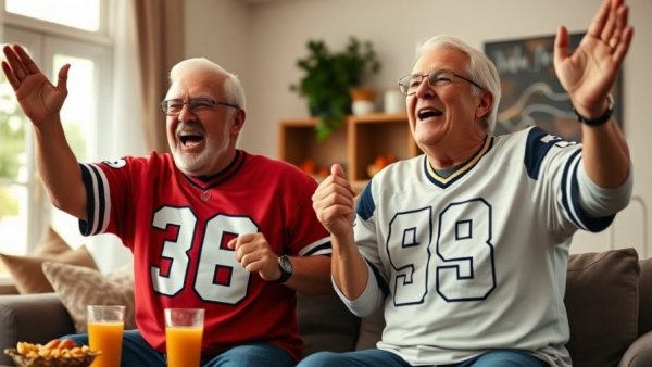 Older couple enjoying Super Bowl at home, celebrating energetically.