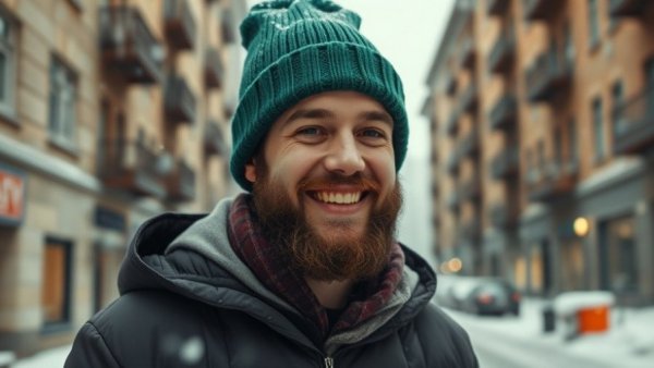 Man in green beanie smiling in snowy urban setting.