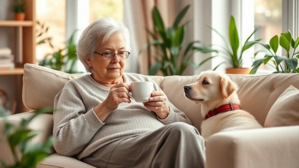 Average old person relaxing with tea and dog on cozy sofa.