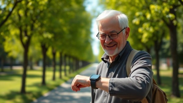 Senior man using wearable health technology in a sunny park