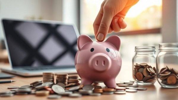 Person saving coins in a piggy bank, symbolizing employee benefits.