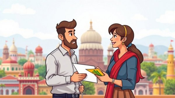 Colorful cartoon of couple examining HRA exemption amid Indian cityscape.
