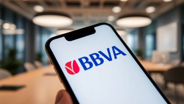 Close-up view of BBVA logo on smartphone in office, executive pay reduction in BBVA context.