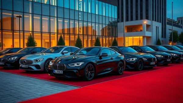 Luxury cars as employee benefits lined up on a red carpet.