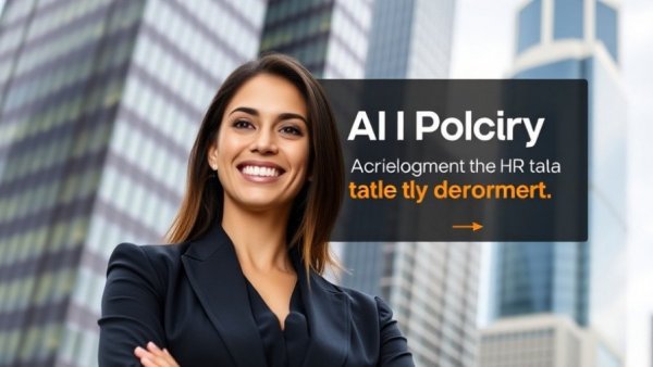 AI policy development in HR digital banner with smiling woman and skyscrapers.