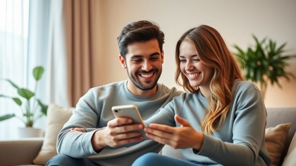 Cheerful couple enjoying family-friendly smart home automation in living room.