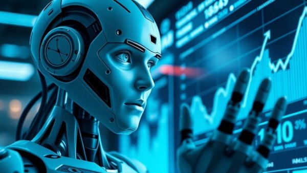 AI robot analyzing data graph, highlighting AI construction safety trends.