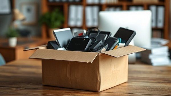 Cardboard box with gadgets, promoting sustainable tech habits.