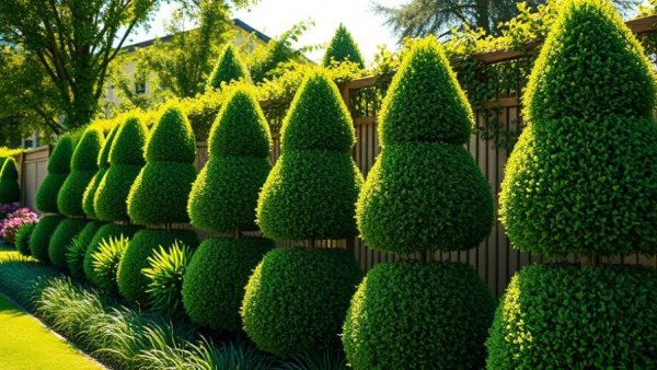 Vibrant topiary plants along a sunny fence.