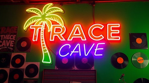 Vibrant custom neon sign on a green wall with vinyl records, Custom Neon Sign Costs.