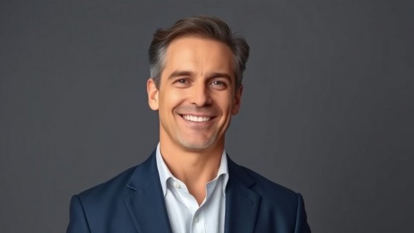 Middle-aged man smiling in formal attire against grey background.