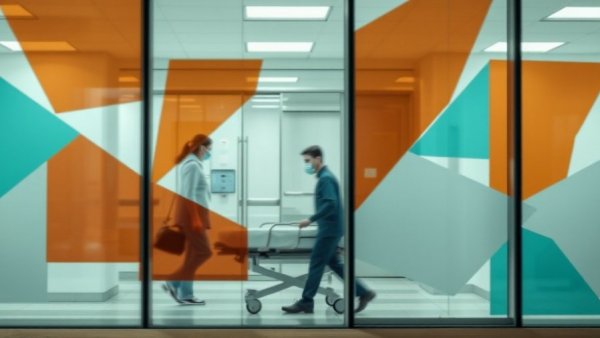 Healthcare workers behind glass windows in a modern hospital scene.