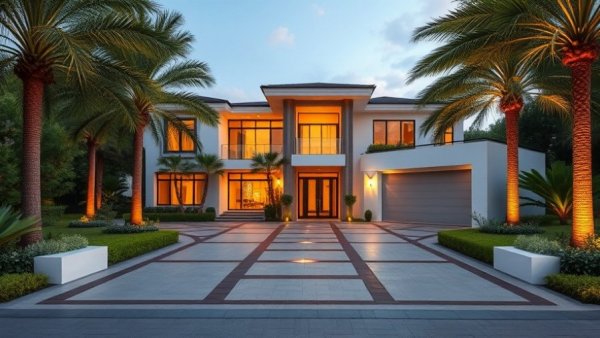 Modern driveway design ideas featuring a luxurious house exterior and geometric paving.