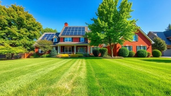 Neatly mowed lawn in front of a brick house, illustrating weekly vs biweekly mowing.