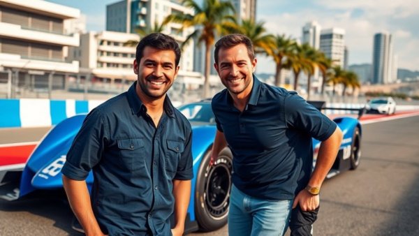 Two men with blue race car at Long Beach Grand Prix track.