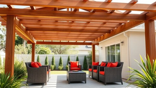 Modern covered patio pergola with cozy seating and plants.