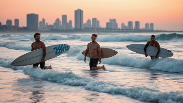 Surfers wading into waves at sunset with urban background