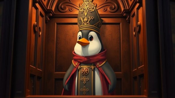 Cartoon penguin in papal attire in a confession booth, reflecting the importance of confession in community building.