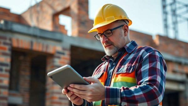 Mature construction manager using tablet at construction site