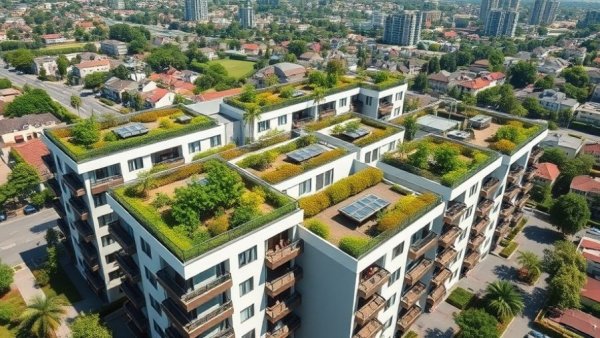 Modern apartment complex with rooftop gardens in suburban area