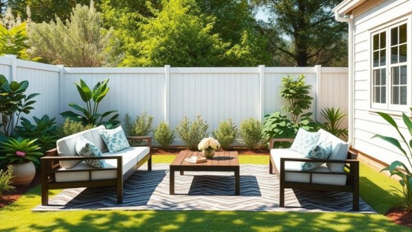 Modern white privacy fence design with outdoor furniture and greenery.