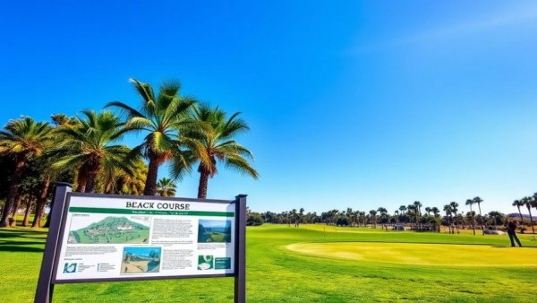 Newport Beach Golf Course visitors and sign under clear blue sky.