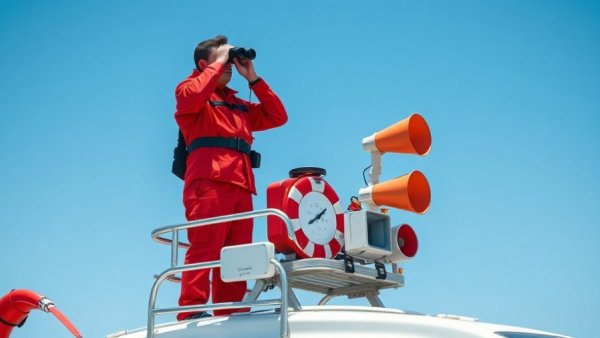 Lifeguard scanning ocean in clear blue sky, showcasing beach lifeguard duties.
