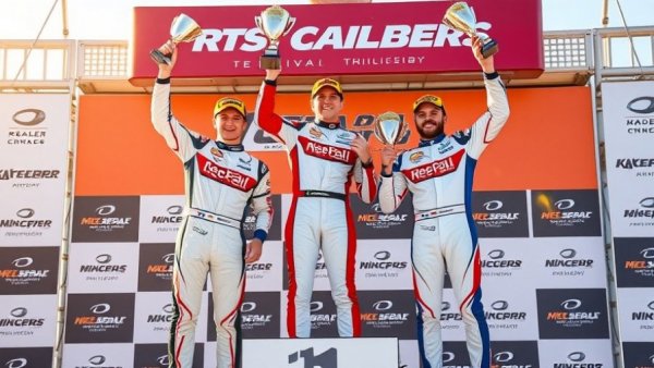 Racers on podium at Long Beach Grand Prix, celebrating victory with trophies.