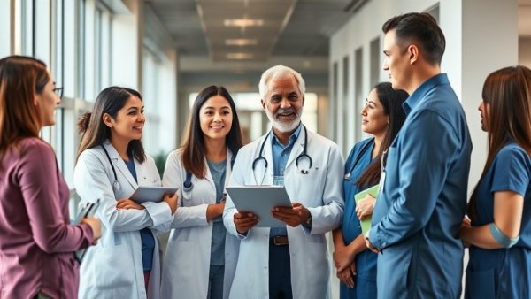 Healthcare team discussing employee retention strategies in bright office.