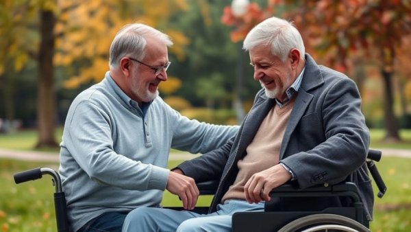 Supportive man assisting elderly man in wheelchair in a park