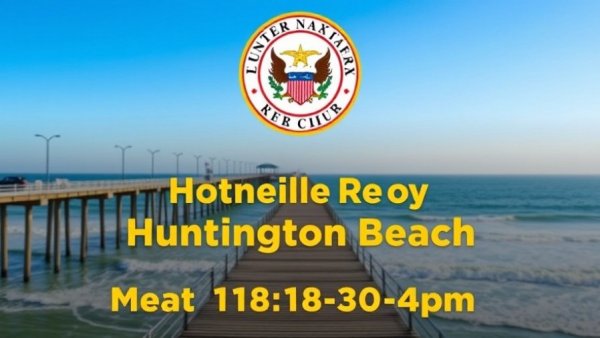 Huntington Beach City Council Meeting announcement with ocean view.