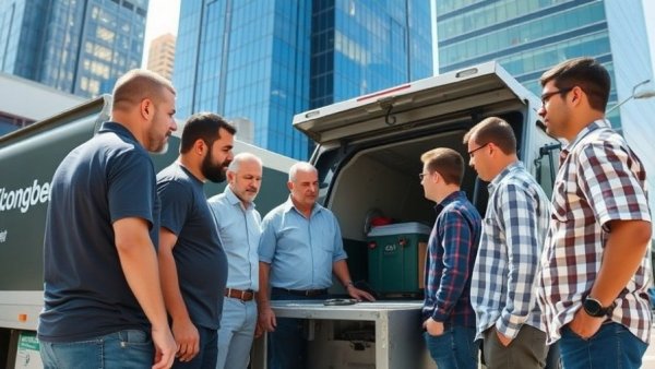 Men observing Long Beach electric garbage trucks in urban setting.