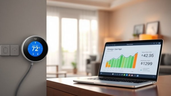 Smart home technology showing savings with thermostat and graph.