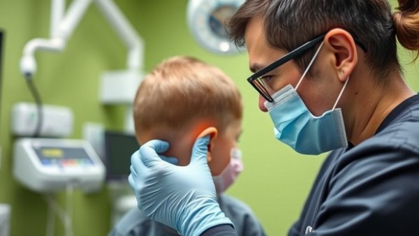 Young boy receiving ear exam in a medical clinic, latest medical news.