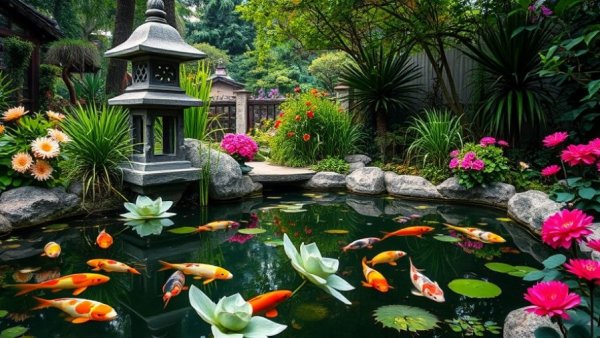 A tranquil modern Zen koi pond design with lush greenery.