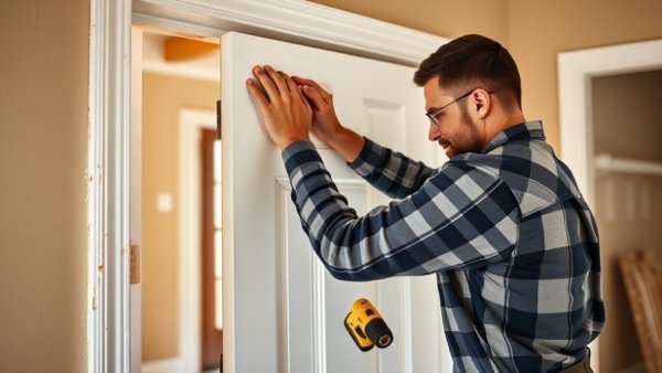 Installing prehung doors over uneven flooring with tools.