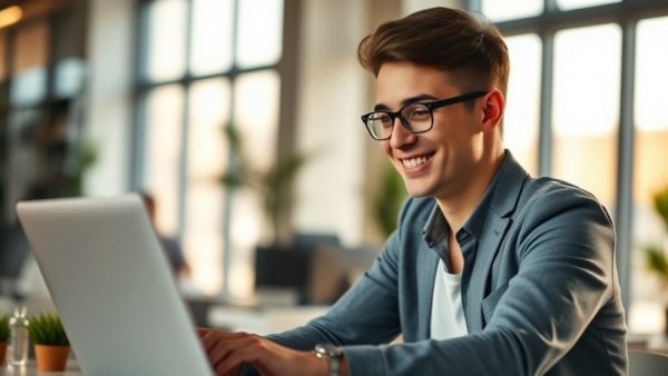 Smiling professional working on construction bid management software.